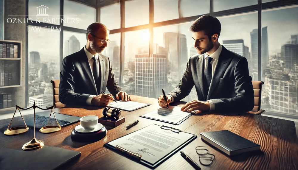 Visual representation of commercial law in Turkey, focusing on legal agreements and strategic collaboration between lawyers in a modern Istanbul office