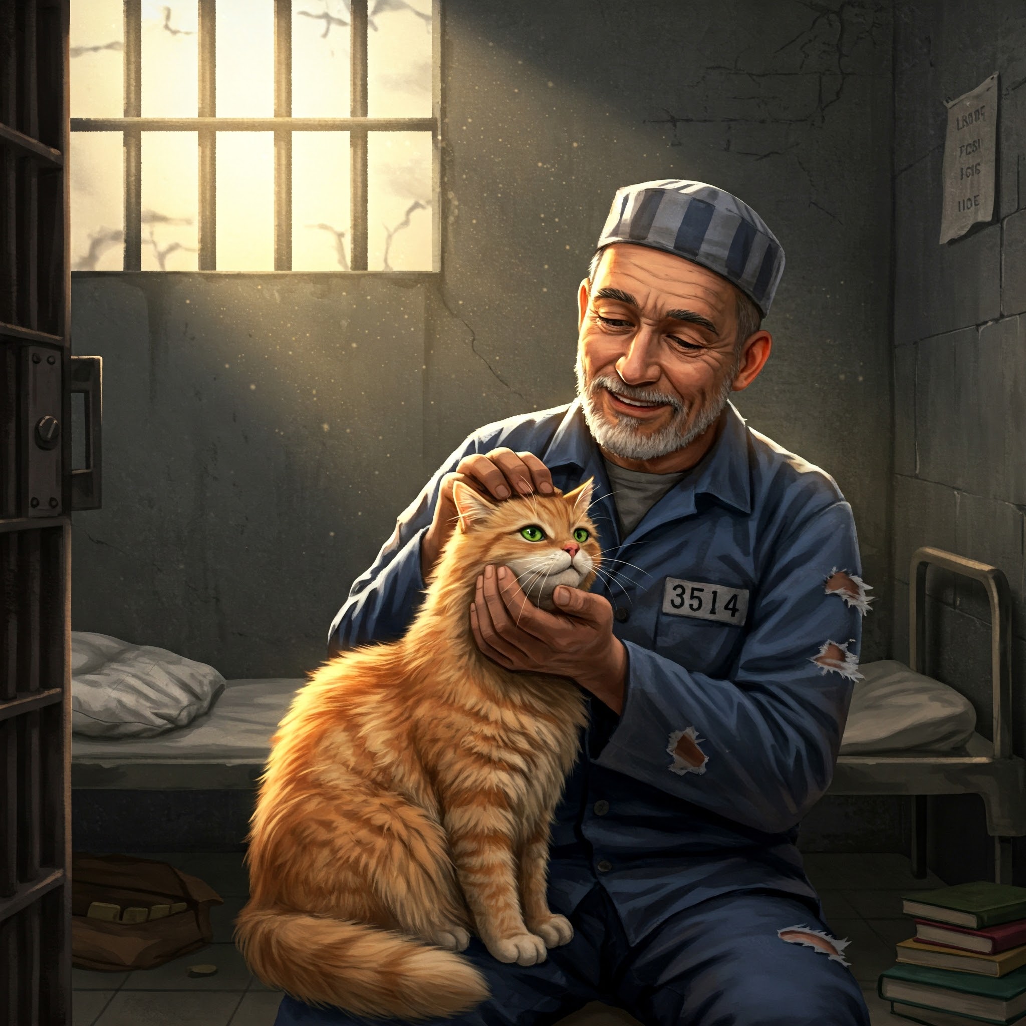 Bir mahkum, hapishane hücresinde kucağındaki kediye nazikçe dokunarak huzur buluyor. Yumuşak ışık altında, adaletin ve merhametin sessiz buluşması.