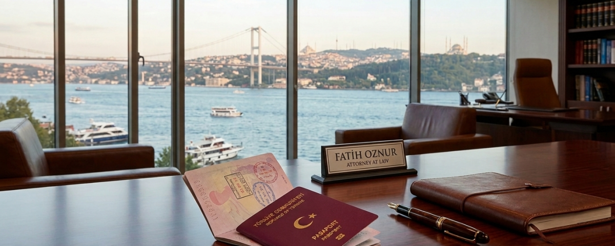 Turkish passport on attorney's desk with Bosphorus view — Turkish citizenship by investment by Oznur & Partners